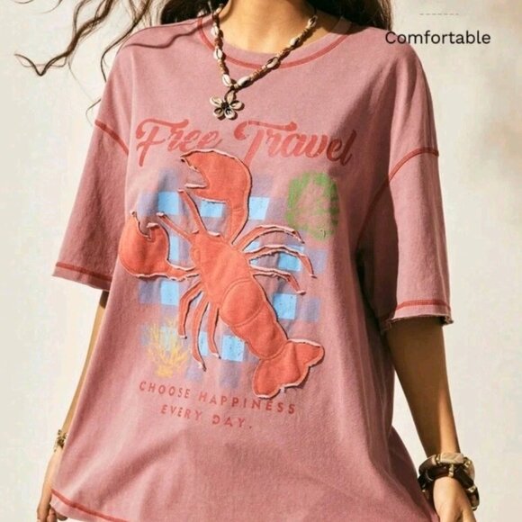 Easelle Applique Lobster Tee Oversized Womens Large Pink - Picture 1 of 10